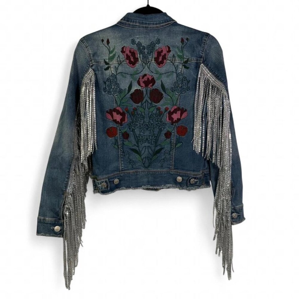 Nine West Floral Embroidered Rhinestone Trim Distressed Denim Jacket